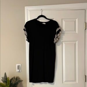 Jane and Delancey Black Dress with Gray Striped Sleeves